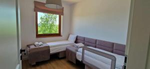 a living room with a couch and a window at Wzgórze Wadery Siekierczyna in Siekierczyna
