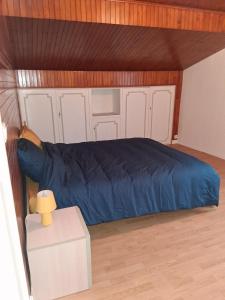 a bedroom with a bed with a blue bedsheet at Maison neuvecelle in Neuvecelle