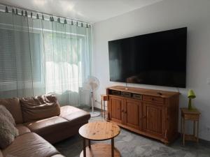 a living room with a large flat screen tv at Horizont 360 in Kitzingen