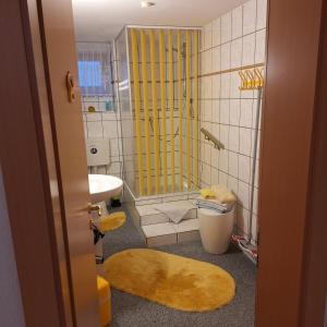 a bathroom with a shower and a toilet and a sink at Apartement in Berlin