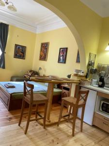a kitchen with a table and chairs in a room at Art Studios Elsor in Burgas