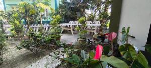 a patio with a table and chairs and plants at West corner homestay in Shillong