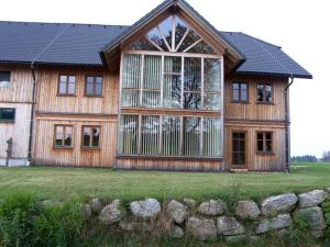 a large wooden house with a large window at Espi-Stables Ferienhof Esterhammer in Liebenau