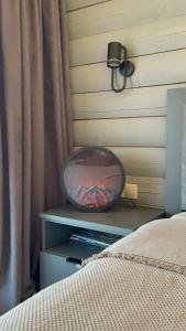 a bedroom with a bed with a fish bowl on a shelf at Гойра in Dzembronya