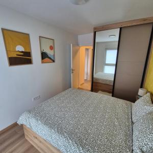 a bedroom with a bed and a mirror at Aura Apartment FREE PARKING in Brčko