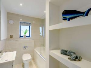 a bathroom with a toilet and a blue fish on a shelf at 2 Bed in Bideford oc-77289 in Northam +16 photos
