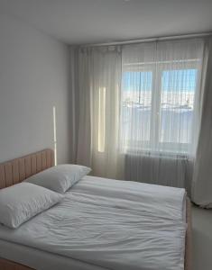 a bed in a bedroom with a window at DOM LAGOWSKI z SAUNA in Łagów