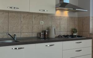 a kitchen with white cabinets and a sink and a stove at Barbara in Otočac