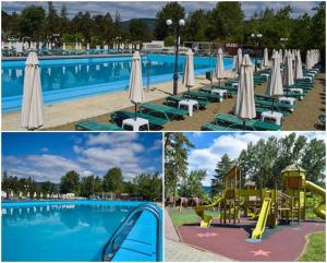 a collage of three pictures of a swimming pool with umbrellas at Forest Grill in Piatra Neamţ