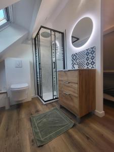 a bathroom with a sink and a toilet and a mirror at L'escapade ansérienne in Oye-Plage +15 photos