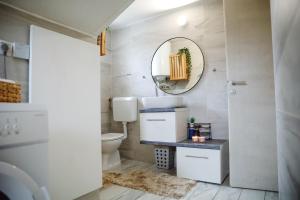a bathroom with a toilet and a mirror at Apartman Incerum in Požega +22 photos
