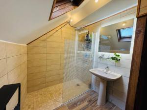 a bathroom with a sink and a shower at Charming BB Room in Historic Saint-Martial-le-Mont, Creuse in Saint-Martial-le-Mont