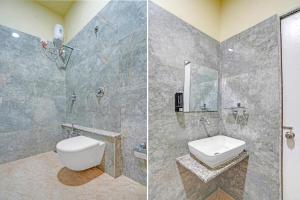 two pictures of a bathroom with a toilet and a shower at hotel hill top inn vatva in Ahmedabad