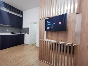 a room with a television on a wall with a kitchen at 369 Apartments in Belgrade