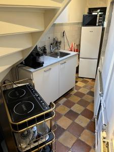 a small kitchen with a sink and a stove at De Kleine Prins Enkhuizen in Enkhuizen