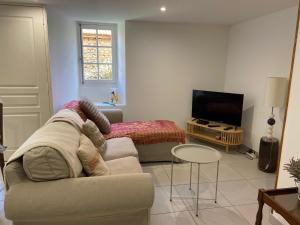 a living room with a couch and a television at La Requeyrie in Montignac