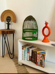 a bird cage sitting on a shelf with books at Idyllic lodge in Essaouira