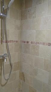 a shower with a shower head in a bathroom at Pigeonnier de campagne in Moncaut