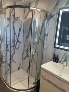 a bathroom with a shower and a sink at Buaile nan Carn in Kilmuir +16 photos