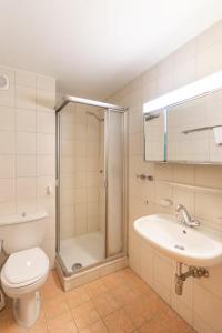 a bathroom with a shower and a toilet and a sink at Alpine Panorama Spacious Mountain Retreat in Crans-Montana