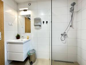 a bathroom with a shower and a sink at Rookos rooms in Ljubljana +35 photos