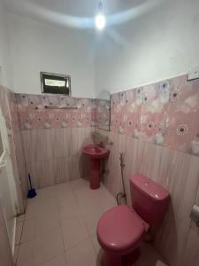 a bathroom with a pink toilet and a sink at saffronvilla in Haputale