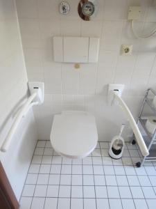 a white bathroom with a toilet and a bath tub at Barrierefreie Ferienwohnung Bodenseeblick in Unteruhldingen
