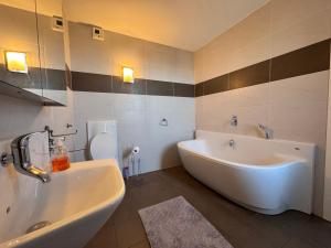 a bathroom with a tub and a sink and a bath tub at Big Flat - Direct CERN in Saint-Genis-Pouilly +13 photos