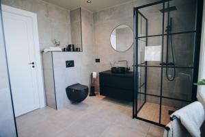 a bathroom with a shower and a toilet and a sink at Odda Apartments - 2BR & 3BR - Parking - T32 in Odda +44 photos