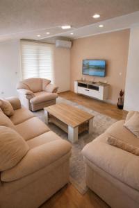 a living room with two couches and a tv at Sarajevo Old Town 1 Free Parking & RoofTop View in Sarajevo