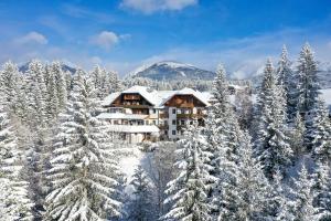 a resort in the mountains with snow covered trees at Hotel Häuserl im Wald in Mariapfarr