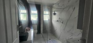 a white bathroom with a shower and a toilet at The Lily House Hermanus - Central Private Cottages in Hermanus