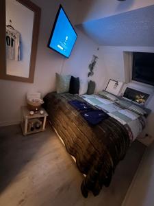 a bedroom with a large bed with a large blanket at The Cosy Cumbrian Homestay in Penrith +3 photos