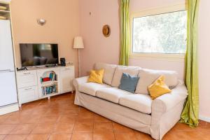 a living room with a couch and a tv at Villa Argias Halikounas in Halikounas