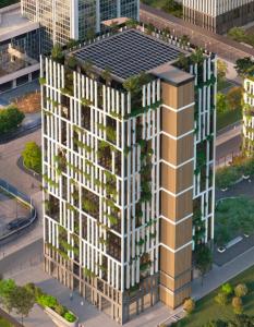 an overhead view of a tall building with plants at Patecchio2-IEO Fondazione Prada Villaggio Olimpico in Vigentino
