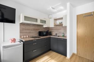 a kitchen with black cabinets and a white refrigerator at Moderne Einraumwohnung in Leipzig mit Netflix Zugang in Leipzig