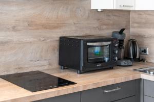 a microwave oven sitting on top of a kitchen counter at Moderne Einraumwohnung in Leipzig mit Netflix Zugang in Leipzig +12 photos