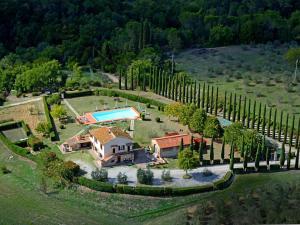 an aerial view of a house with a pool and trees at Podere Raggio Di Sole in San Gimignano +52 photos