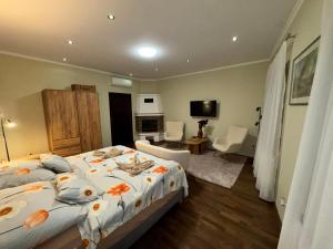 a bedroom with a bed and a living room at Tessa Central House in Kőszeg