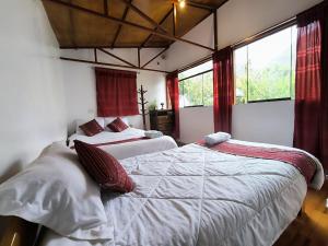 a bedroom with two beds and two windows at The Willow B&B in Urubamba
