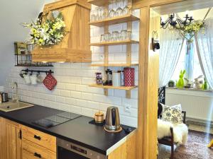 a kitchen with a black counter top and wooden cabinets at Apartament U Moniki, nad rzeką, jacuzzi w ogrodzie in Szaflary