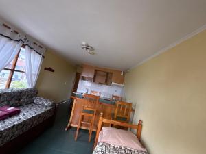 a small kitchen with a table and chairs in a room at Apart Hotel Alem in Ushuaia