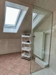 ein Badezimmer mit Fenster und ebenerdiger Dusche in der Unterkunft Schlierbachblick in Eschwege