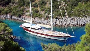 a boat is docked in a body of water at gold in Fethiye