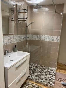 a bathroom with a sink and a shower at gite 4 le refuge in Aubeterre-sur-Dronne