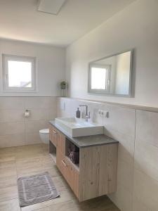 a bathroom with a sink and a toilet at Auszeit am Mondseeberg in Tiefgraben