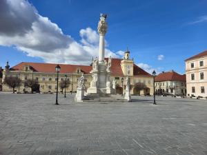 a monument in the middle of a plaza in front of a building at Osijek Luxury Center - Self Check-in, 2 Parking Spaces, Balcony, Elevator in Osijek