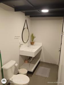 a bathroom with a sink and a toilet and a mirror at Flat no Garden 2 in Rondonópolis