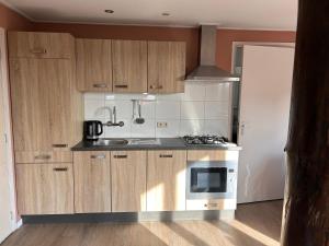 a kitchen with wooden cabinets and a stove top oven at Appartement Halfweg in Ballum