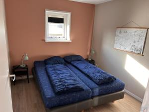 a blue bed in a room with a window at Appartement Halfweg in Ballum